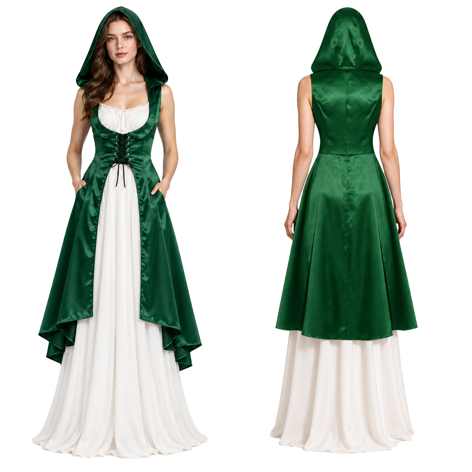 Lace Dress - ハロウィーンのコスプレパーティーに最適な、中世ルネサンス様式のヴィクトリア朝風コスチューム。レースアップでウエストを絞り、裾が前短後長のデザイン。サテン素材で、フード付き、バスト下まで覆うドレス。