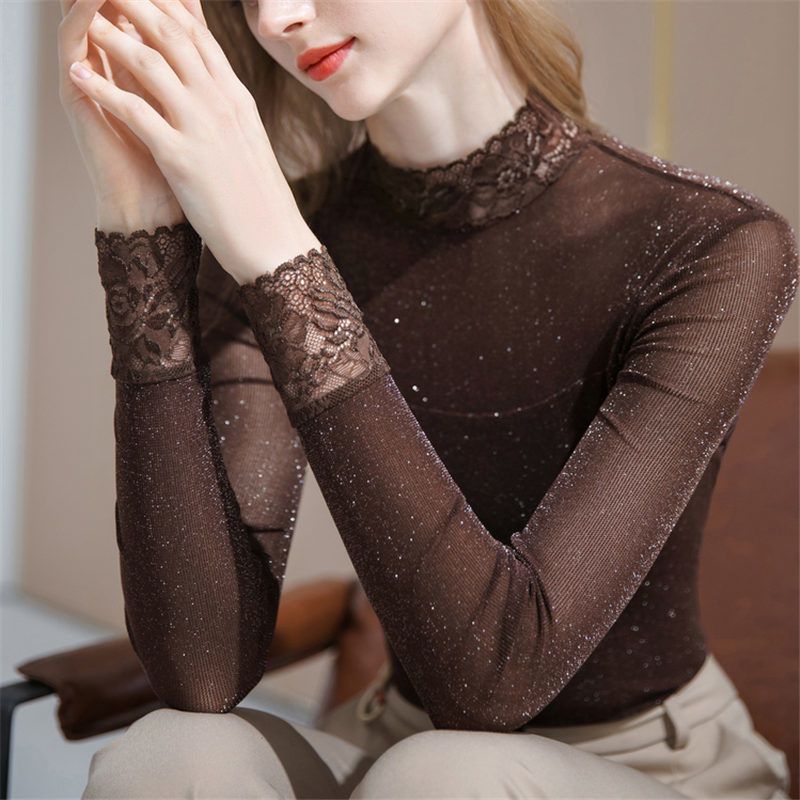 Silk Blouse - ファッションガーゼ明るいシルクスプライスレースブラウス婦人服秋冬エレガントプルオーバーオフィスレディシャツ