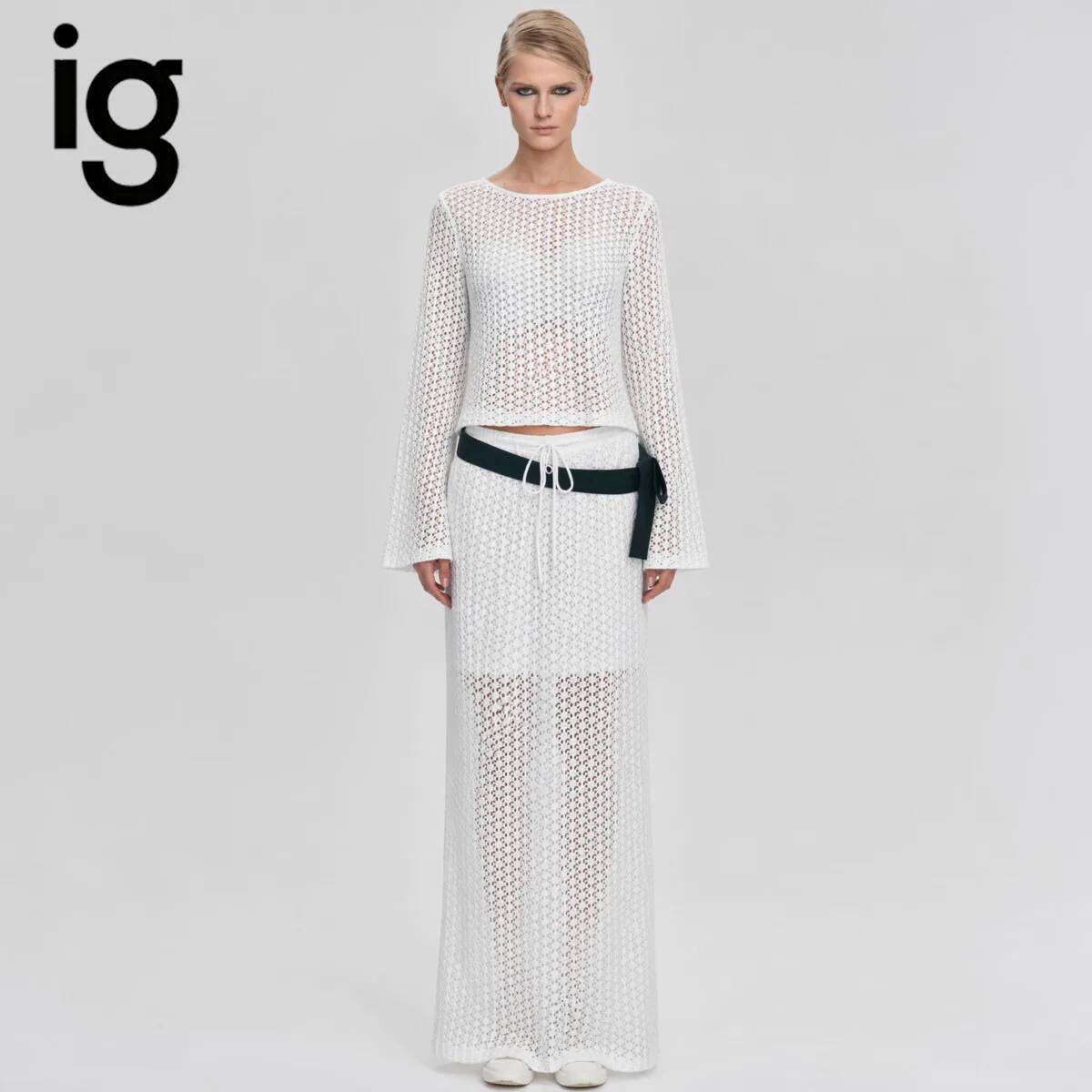 Formal Skirt - IG 2026 レディース ホローアウトニット ツーピースセット、フレアスリーブクロップドトップ＆ドローストリングウエストマキシスカート（ボウベルト付き）