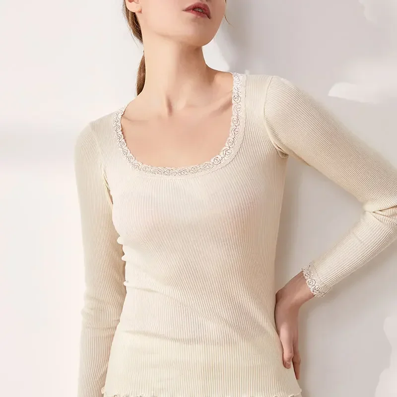 Silk Blouse - 女性用長袖シャツ,暖かい下着,ラウンドネック,レースエッジ,スリムフィット,秋冬