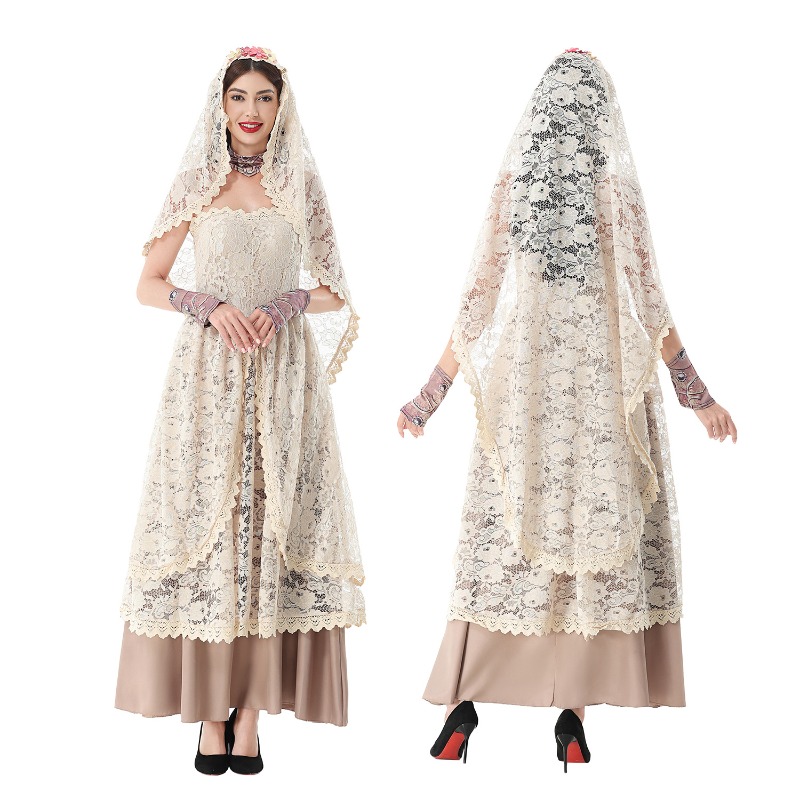 レースのベールが付いた、ストラップレスのフローラル柄ロングガ - Lace Dress のレビューと価格