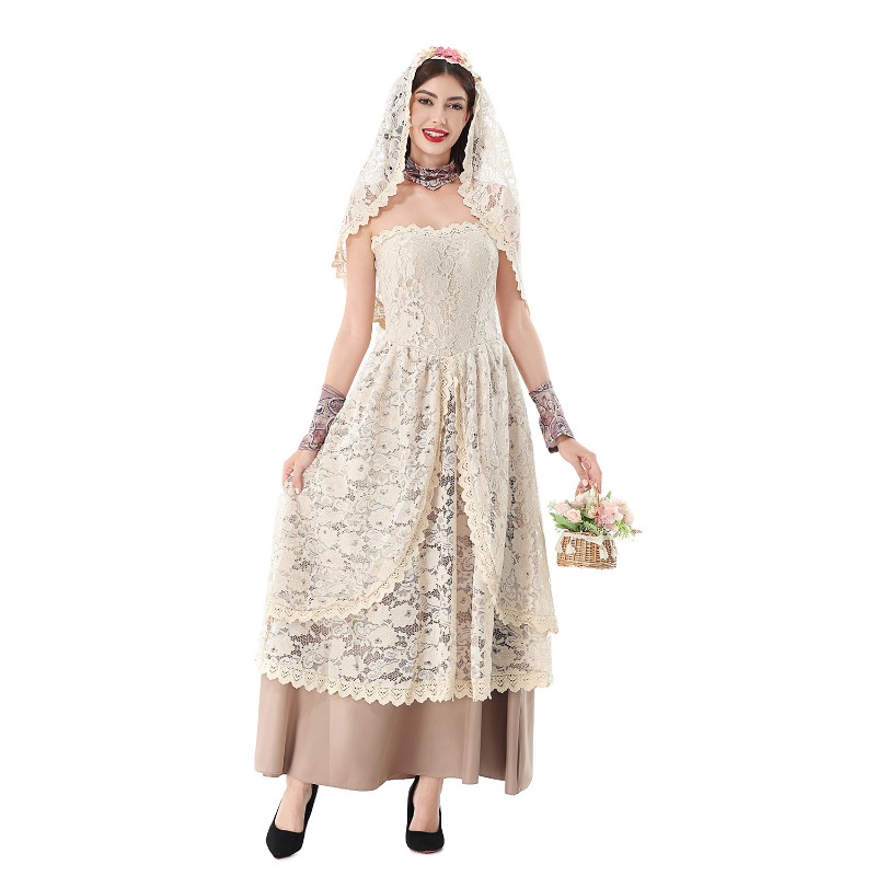 レースのベールが付いた、ストラップレスのフローラル柄ロングガ - Lace Dress のレビューと価格