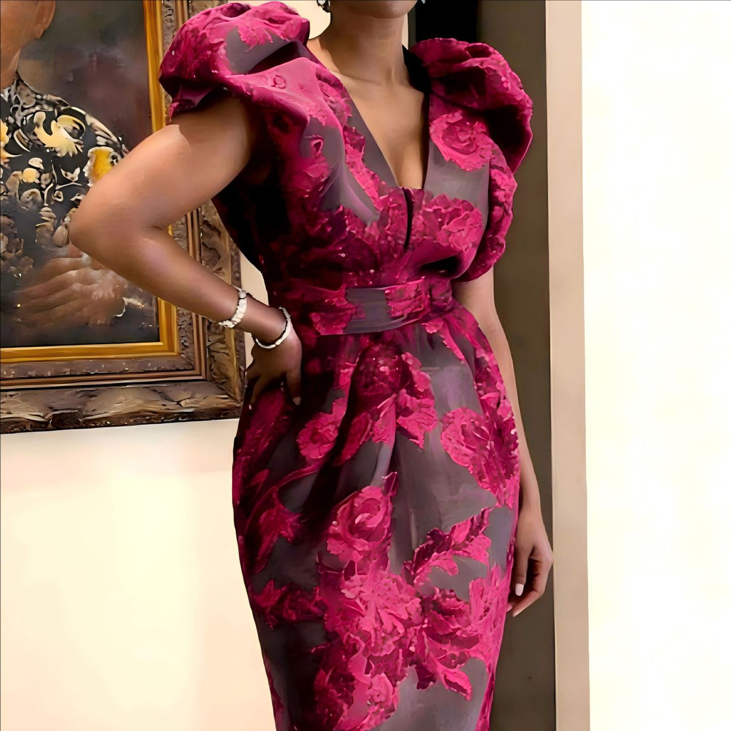 QMANSHA プラスサイズ バーガンディ 花柄 ジャカード - Midi Dress のレビューと価格