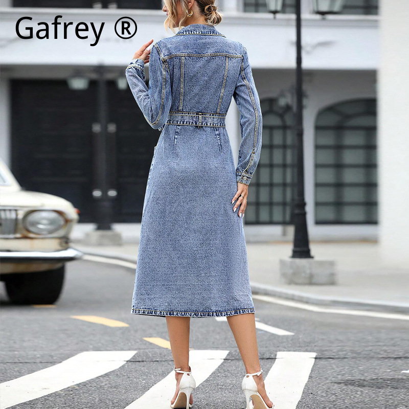 女性長袖デニムドレス秋冬スリムウエスト A ラインジーンズド - Midi Dress のレビューと価格