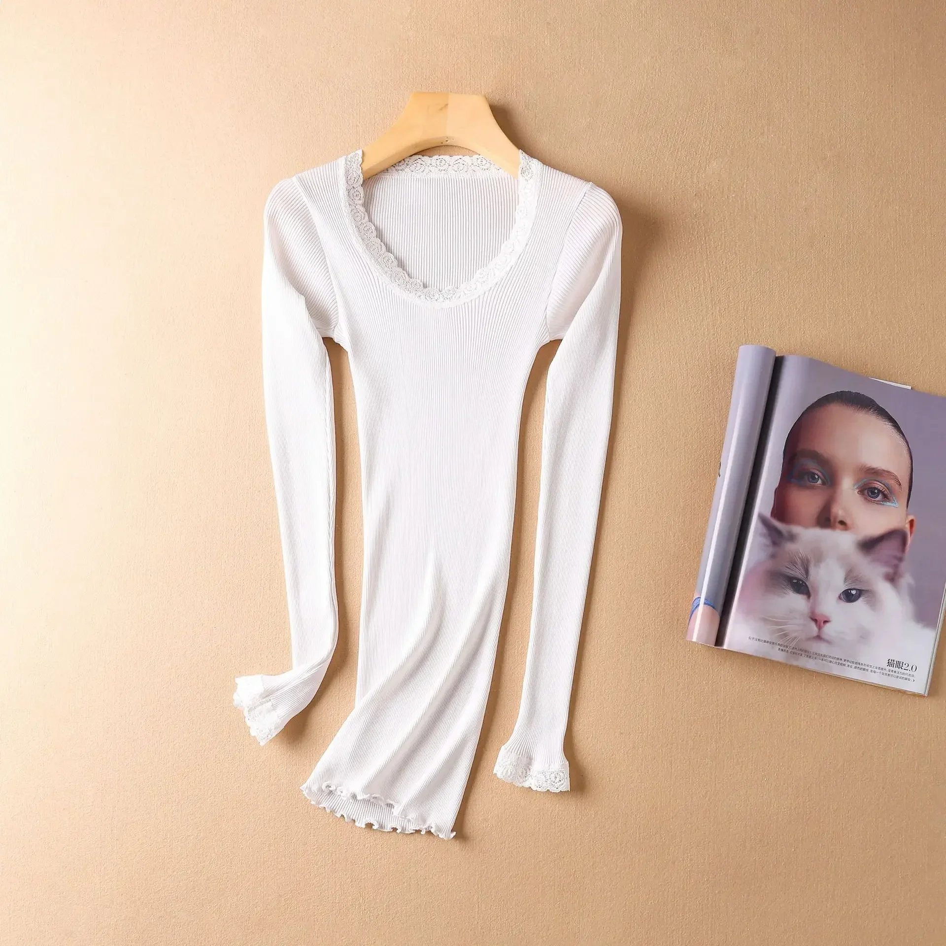 女性用長袖シャツ,暖かい下着,ラウンドネック,レースエッジ, - Silk Blouse のレビューと価格