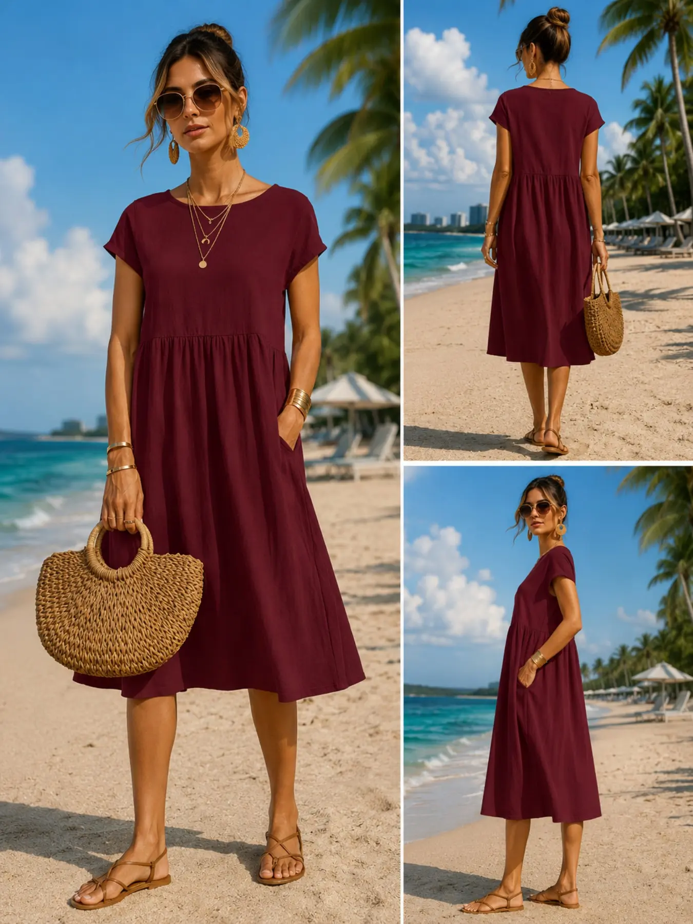 女性用、カジュアルなミディ丈ワンピース。ポケット付き、ゆった - Midi Dress のレビューと価格